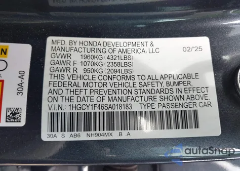 2025 Honda Accord Se from USA, damaged, VIN 1HGCY1F46SA018183